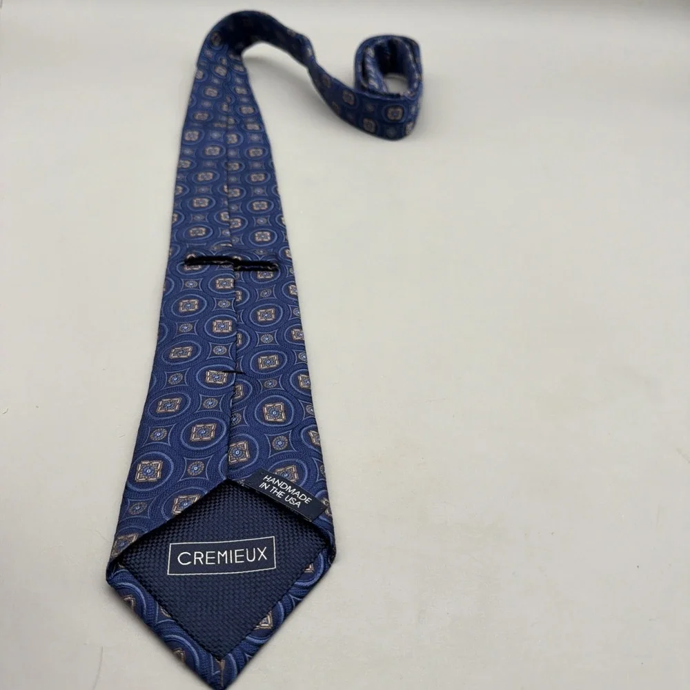 Daniel Cremieux Necktie Blue Beige Geometric Pattern Silk Neck Tie Made In USA